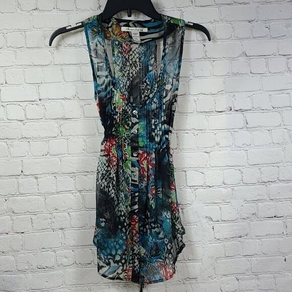 American Rag Mixed Animal Print Sheer Chiffon Pleated Top XS Sleeveless Blouse - Picture 3 of 12